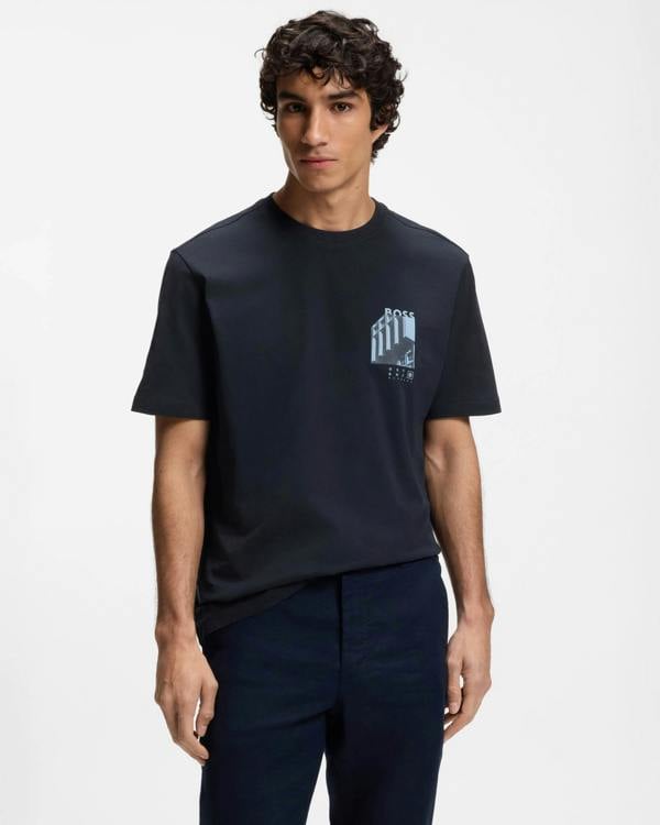 Model wearing BOSS Orange Te Board Mens T-Shirt - Dark Blue 404 - Front