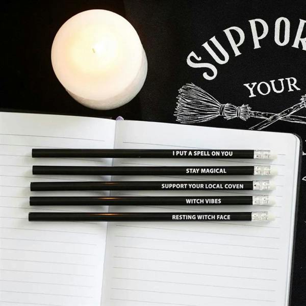 Set of 5 black witch-themed pencils with white text and silver erasers