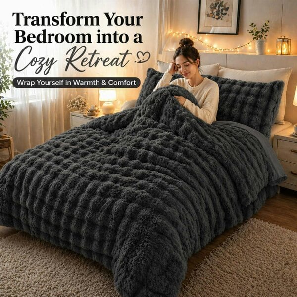 Night Zone Teddy Square Fleece Duvet Cover Set – Ultra Soft Fluffy Plush Bedding