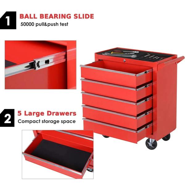 Red tool chest showing drawer slides and stacked drawers on rolling wheels