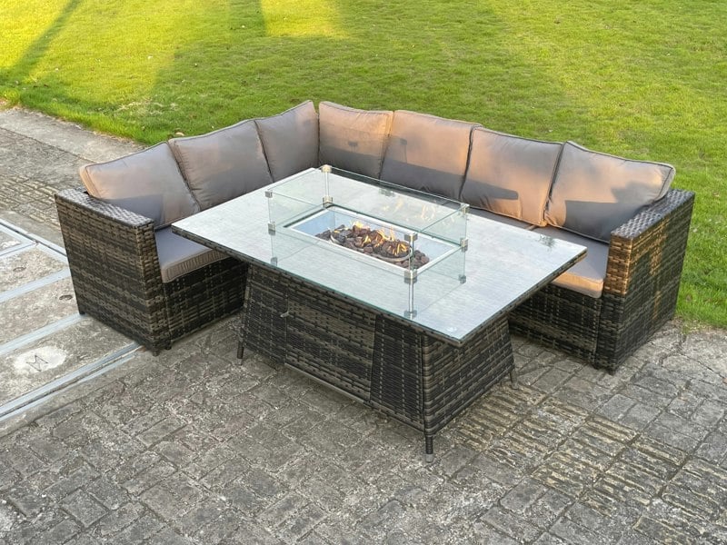 Fimous 6 Seater Outdoor Rattan Garden Corner Sofa Furniture Gas Fire Pit Table Sets Gas Heater Lounge Dark Grey