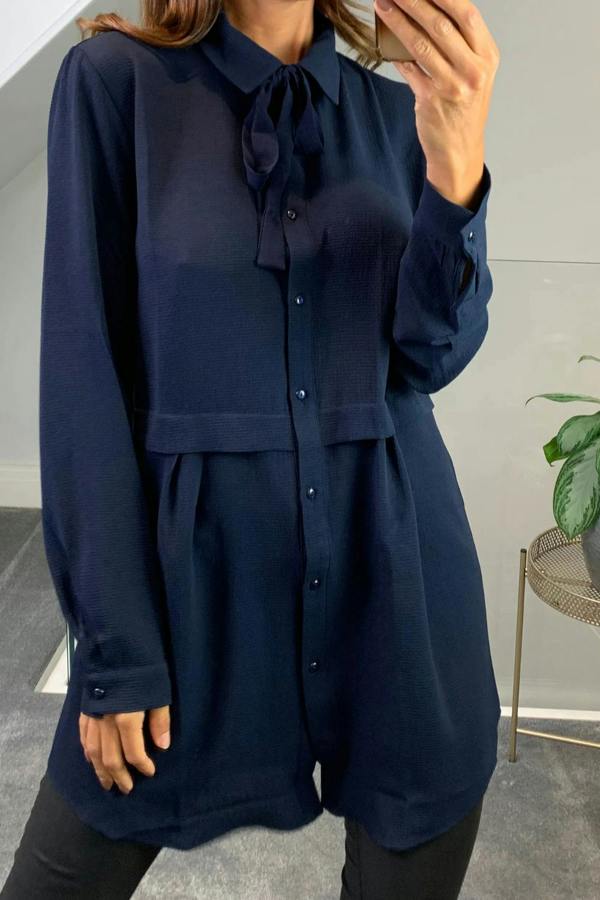 Hoxton Gal Oversized Tunic Shirt with Tie in Navy