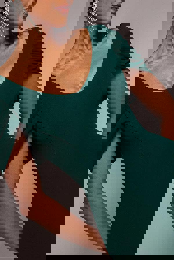 V Neck Cowl Back Pleated Sleeve Scuba Maxi Dress - Emerald Green DR5010