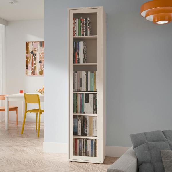 Furniture To Go Alice Springs Slim Tall Display Cabinet with 1 Glass Door Push-to-Open & 5 Shelves in Sand