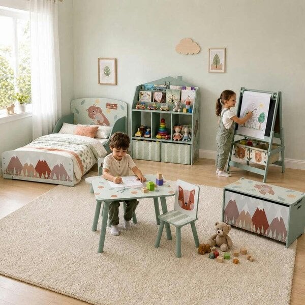 Bobobiy Kids Bookshelf with Storage, Toy Storage Unit with Book Display, Shelves and Fabric Drawers for Playroom Nursery, Green
