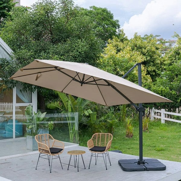 300cm Wide Garden Parasol Outdoor Hanging UV Resistant and Waterproof Umbrella for Patio Parasols Living and Home Parasol + Cross Base + Petal Water Tank Khaki