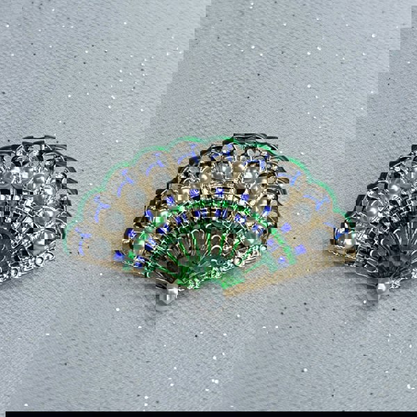 Fan brooch, gold tone setting, green enamel detailing, decorated with white faux pearls, blue and green crystal accents, vintage inspired jewellery, ornate statement accessory, elegant gift for her
