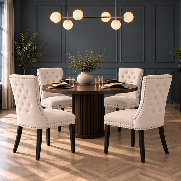 Neo Set of Four Studded Natural Velvet Dining Chairs with Ring Knocker Detail