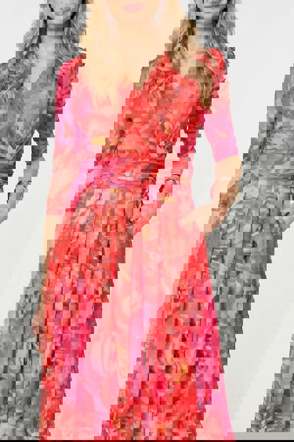 Orange | Floral Mesh Ruched Midi Faux Wrap Dress