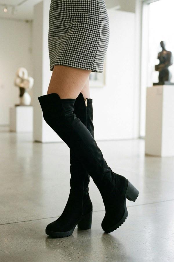 Genevieve Over The Knee Block Boots - Black Suede