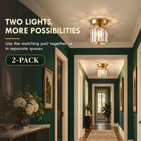 Crystal Ceiling Light Fixtures, Modern Semi-Flush Ceiling Lighting with Crystal Strips, 2 Pack, Gold Tone