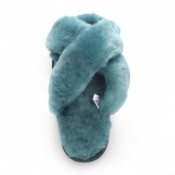 Infinity Leather Women's Sheepskin Slippers Teal Warm Winter Fur Crossover - Snowbelle