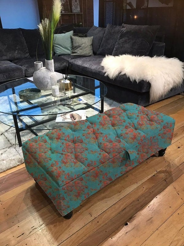 PREMIUM Teal Blue Floral ChenilleOttoman footstool