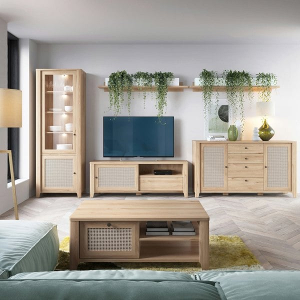 Furniture To Go Cestino Coffee Table with 1 Drawer in Jackson Hickory Oak and Rattan Effect
