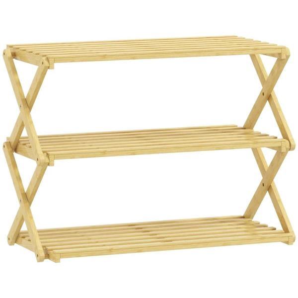 Natural bamboo three-tier folding shoe rack with slatted shelves