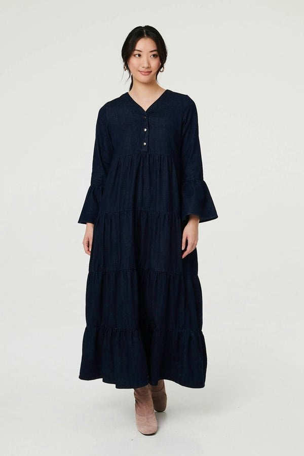 Blue | Tiered Long Sleeve Relaxed Maxi Dress
