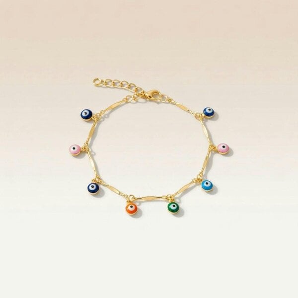 The Colourful Aura Silver Plated Dainty Evil Eye Protection Charm Beaded Dangly Adjustable Bracelet