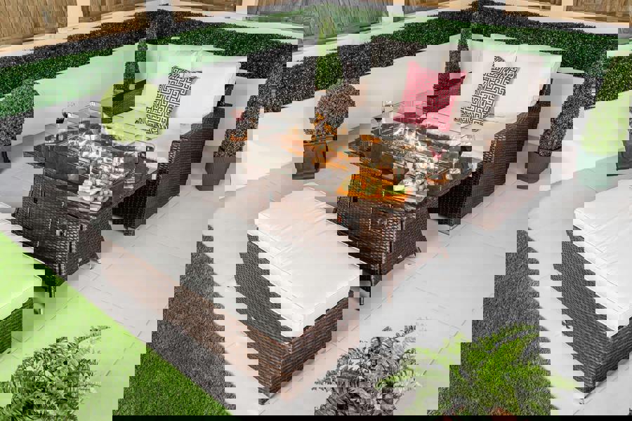 Giardino Sydney 2 Seat Loveseat Sofa Rattan Garden Furniture Set Outdoor With Fire Pit Coffee Table & Bench