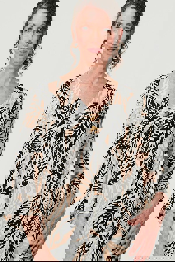 Beige | Leaf Print 3/4 Sleeve Button Trim Blouse
