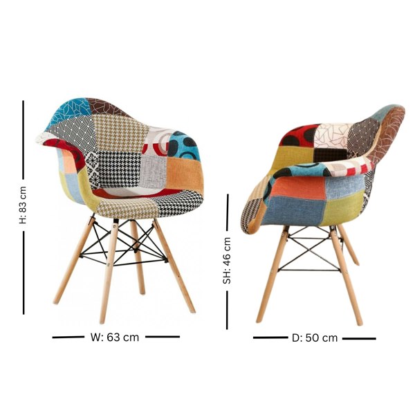 Life Interiors Single Colorful Patchwork Tub Accent Chair, Wooden Legs & Metal Wire Frame, Mid Century Modern Dining Chair