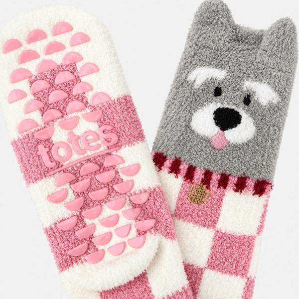 Totes NOVELTY SUPER SOFT SLIPPER SOCKS Slipper Socks Dog Slipper Socks   in  Pink