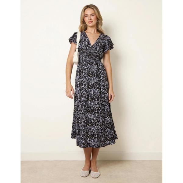 Blue Vanilla V Neck Flutter Midi Dress