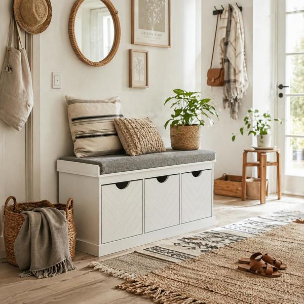 Wyld Haus Reco Nolu Wooden White 3 Drawer Shoe Bench With Grey Padded Seat