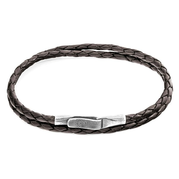 Anchor & Crew Dark Brown Liverpool Silver and Braided Leather Bracelet