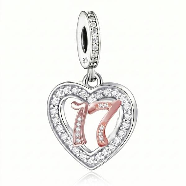 17th Birthday Charm Pandora Compatible 925 Sterling Silver Heart, Two Tone Dangle for Daughter
