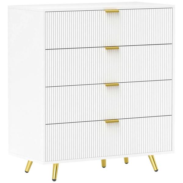 White four-drawer bedside table with ribbed fronts, gold handles, and tapered legs.