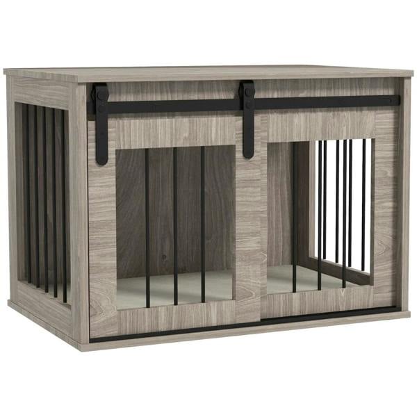 Dog crate furniture with open front bars, wood-look panels, and removable cushion top