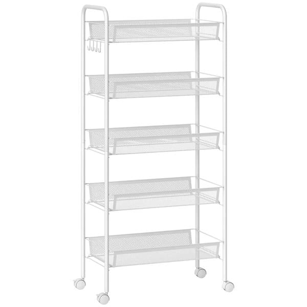 White steel mesh basket storage trolley with wheels, 5 tiers