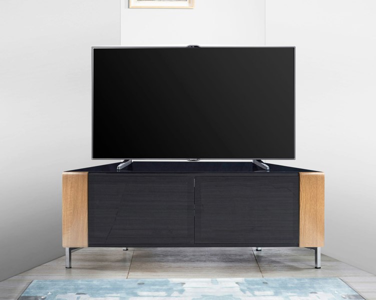 MDA Designs CORVUS Corner-Friendly Gloss Black Contemporary Cabinet with Oak Profiles Black BeamThru Glass Doors for Flat Screen TVs up to 50"