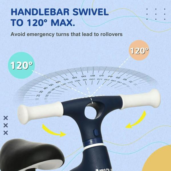Blue balance bike handlebar with white grips, showing swivel range up to 120°