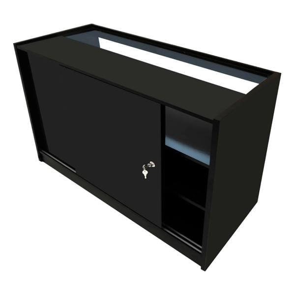 Sleek black Luna LED shop counter set with sliding door, open shelves, and modern design, perfect for retail displays and organization