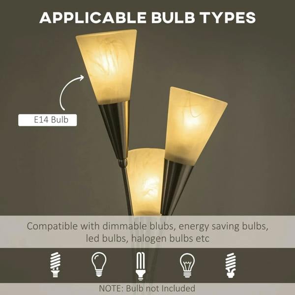 Silver 3-light standing floor lamp with frosted cone glass shades