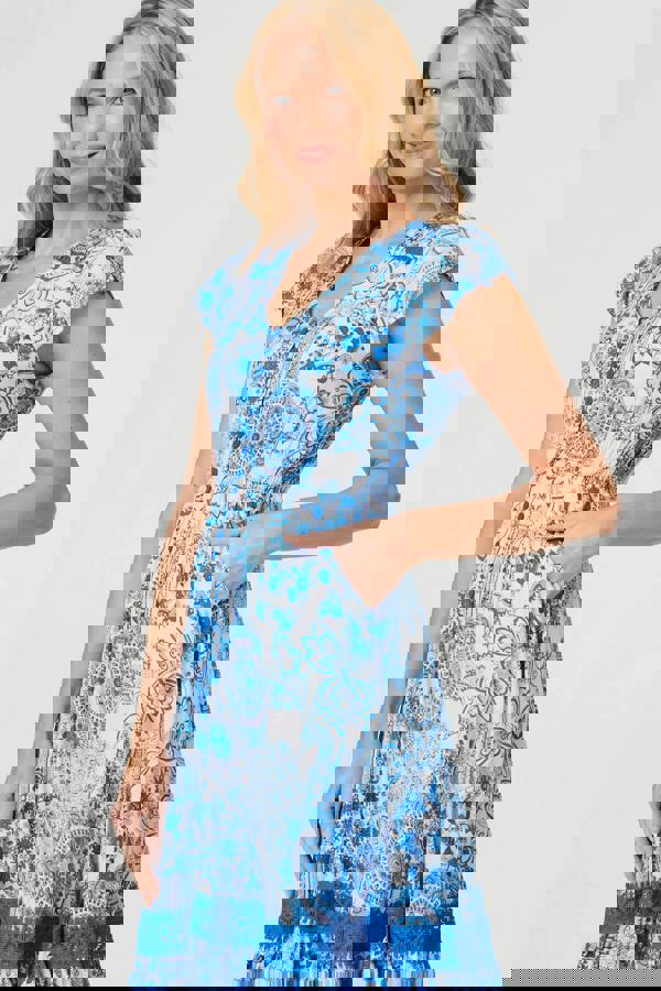 Blue | Abstract Printed Lace Trim Midi Dress