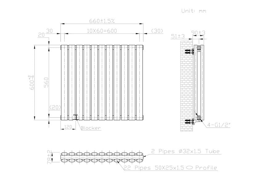 MYHOMEWARE Black 660 x 600 mm Modern Horizontal Column Designer Radiator Oval Double Panel Radiator Heater
