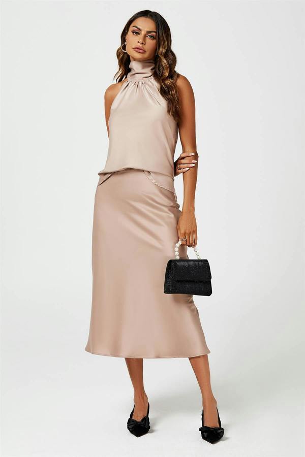 FS Collection Satin Halter Neck Tie Back Top In Light Brown