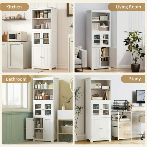 Wyld Haus Doke Wooden White 4 Door Kitchen Cupboard With Glass Panels And Adjustable Shelves