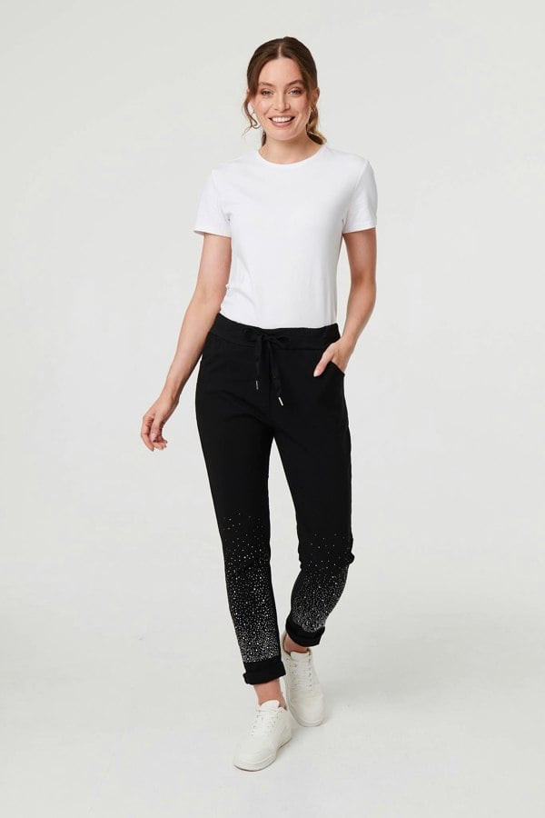 Black | Diamante Detail Slim Cropped Trousers
