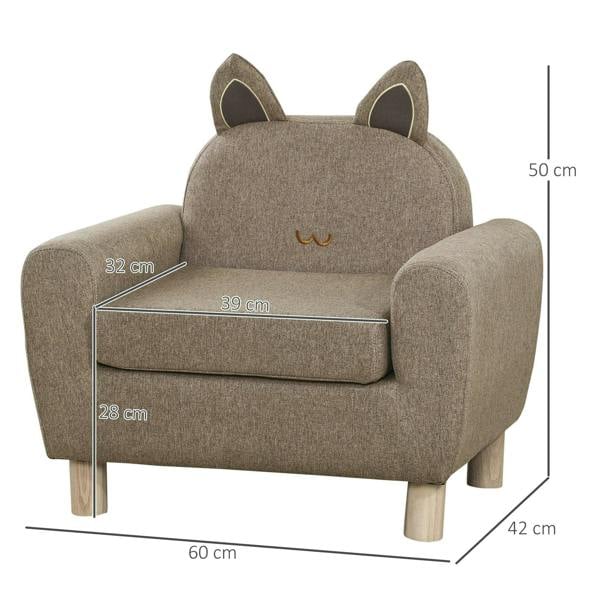 Kids toddler armchair with cat-ear back, rounded arms, brown upholstery, wooden legs