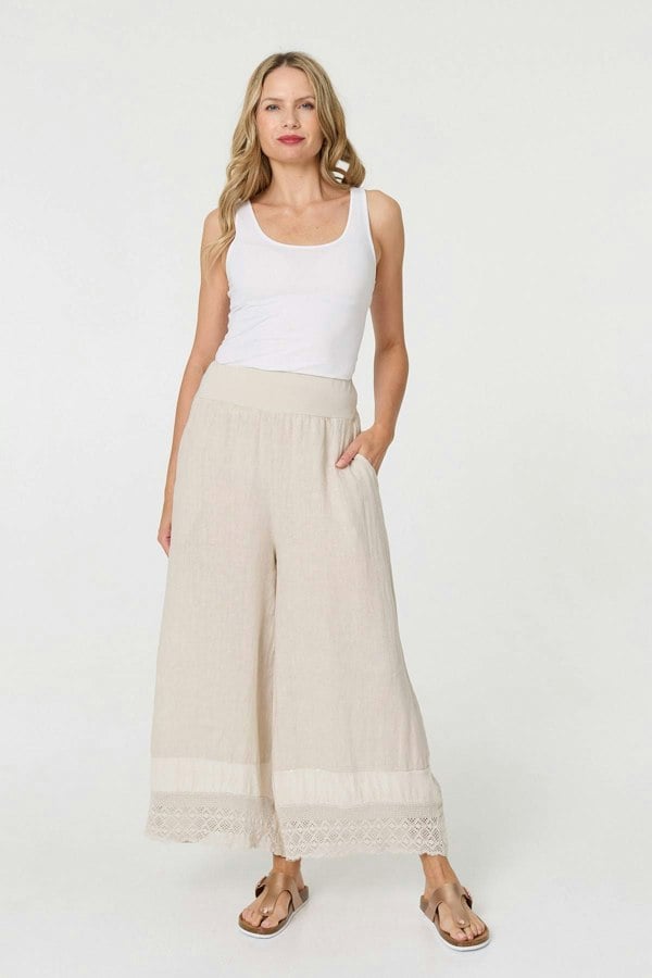 Beige | Sequin Embellished Wide Leg Trousers

