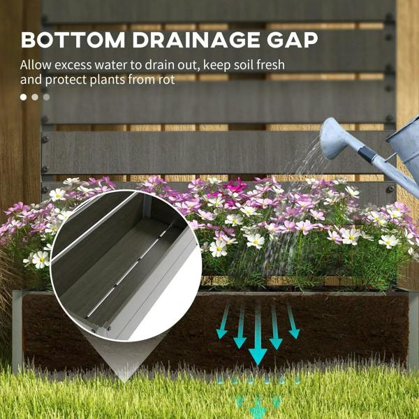 Dark grey raised planter box with trellis and visible open bottom drainage gap.