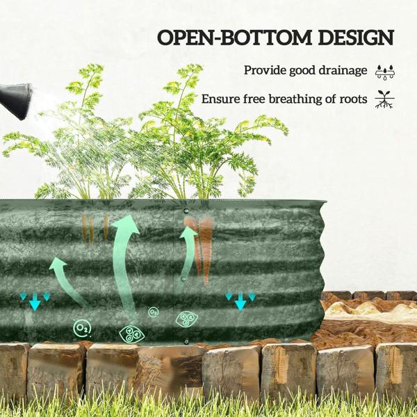 Green open-bottom raised metal garden bed showing water-drain and airflow area