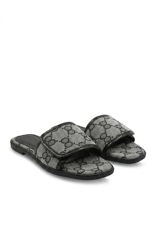 Josie Woven Print Front Strap Flat Sandals - Grey_wb