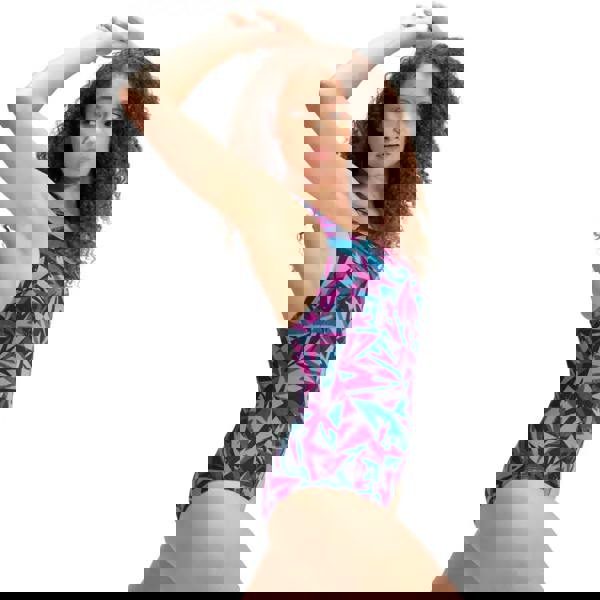 Speedo Hyperboom Allover Medalist purple teal geometric one-piece swimsuit