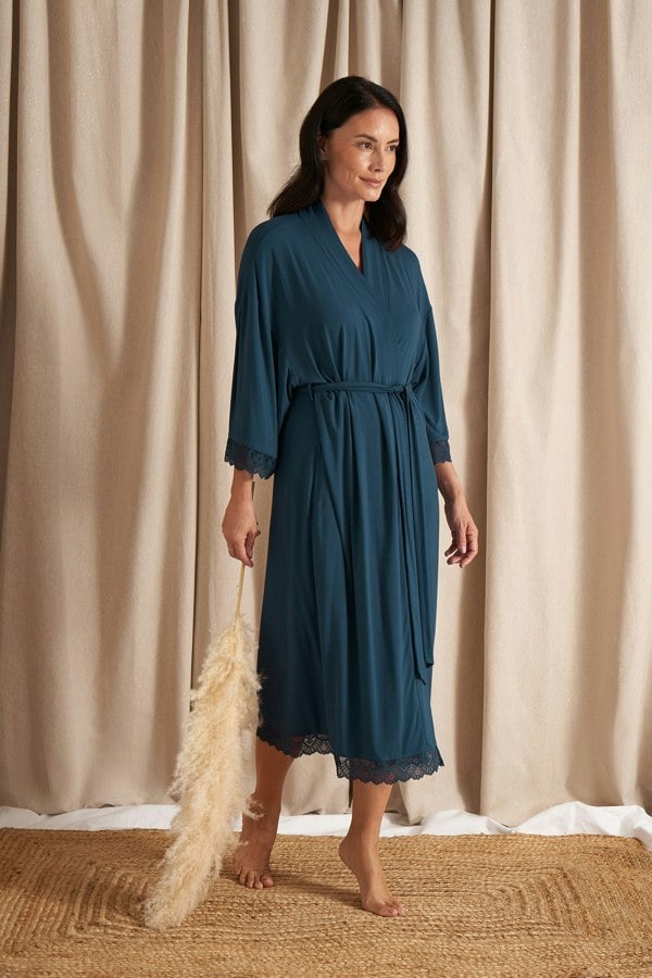 Pretty You London Women's Bamboo Lace Kimono Robe Dressing Gown in Teal