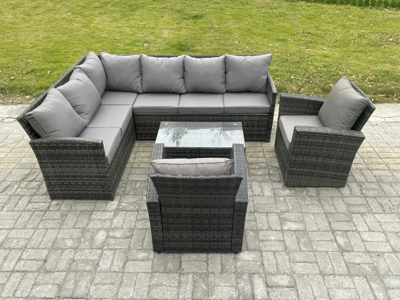 Fimous Rattan Lounge Corner Sofa Set Wicker PE Outdoor Garden Furniture Set with Rectangular Coffee Table 2 Armchairs Dark Grey Mixed