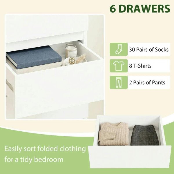 Chest of Drawers High Gloss Finish 6 Drawer Dresser Space Saving Slim Design Handle Free Drawers High-Gloss White